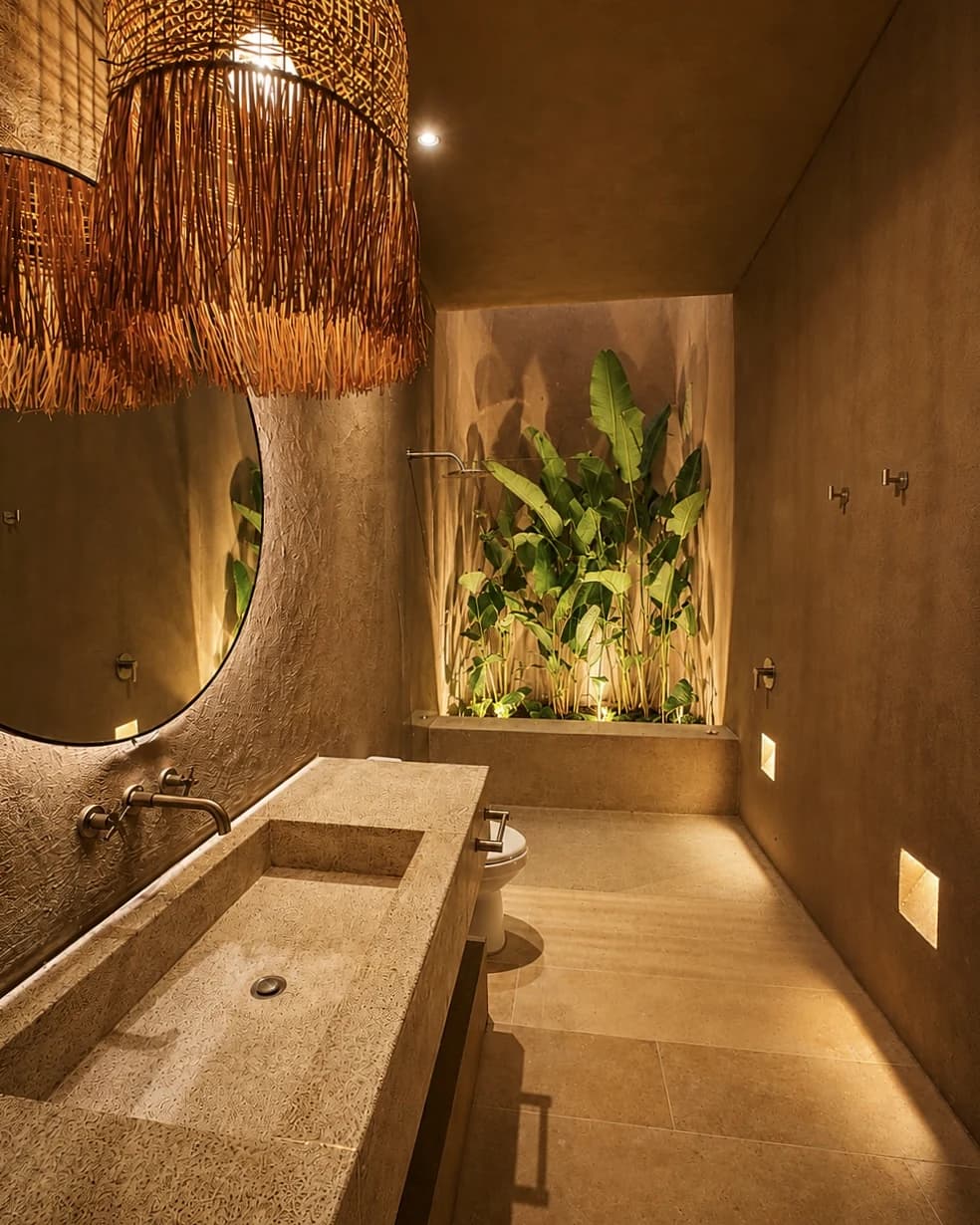 Baño social: lavamanos en una sola pieza de travertino y jardín interior iluminado desde el piso.