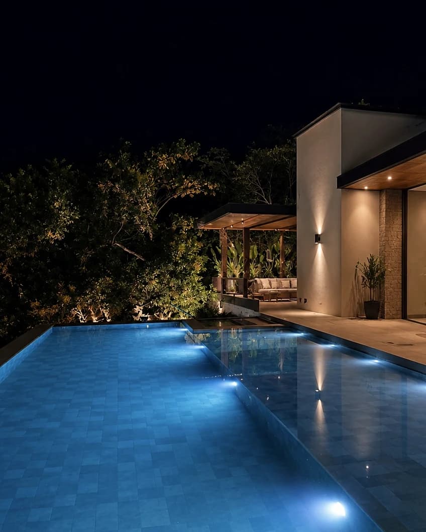 La fachada de noche, leída solo por los apliques que bañan el muro.