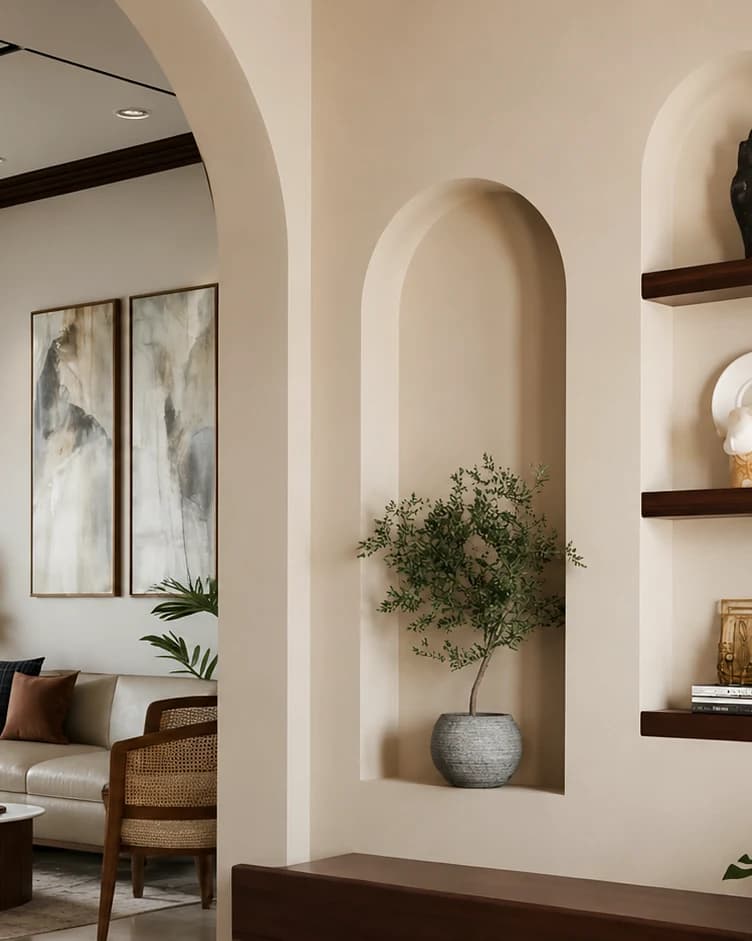 Sala con hornacinas en arco, repisas en madera y muro de listones