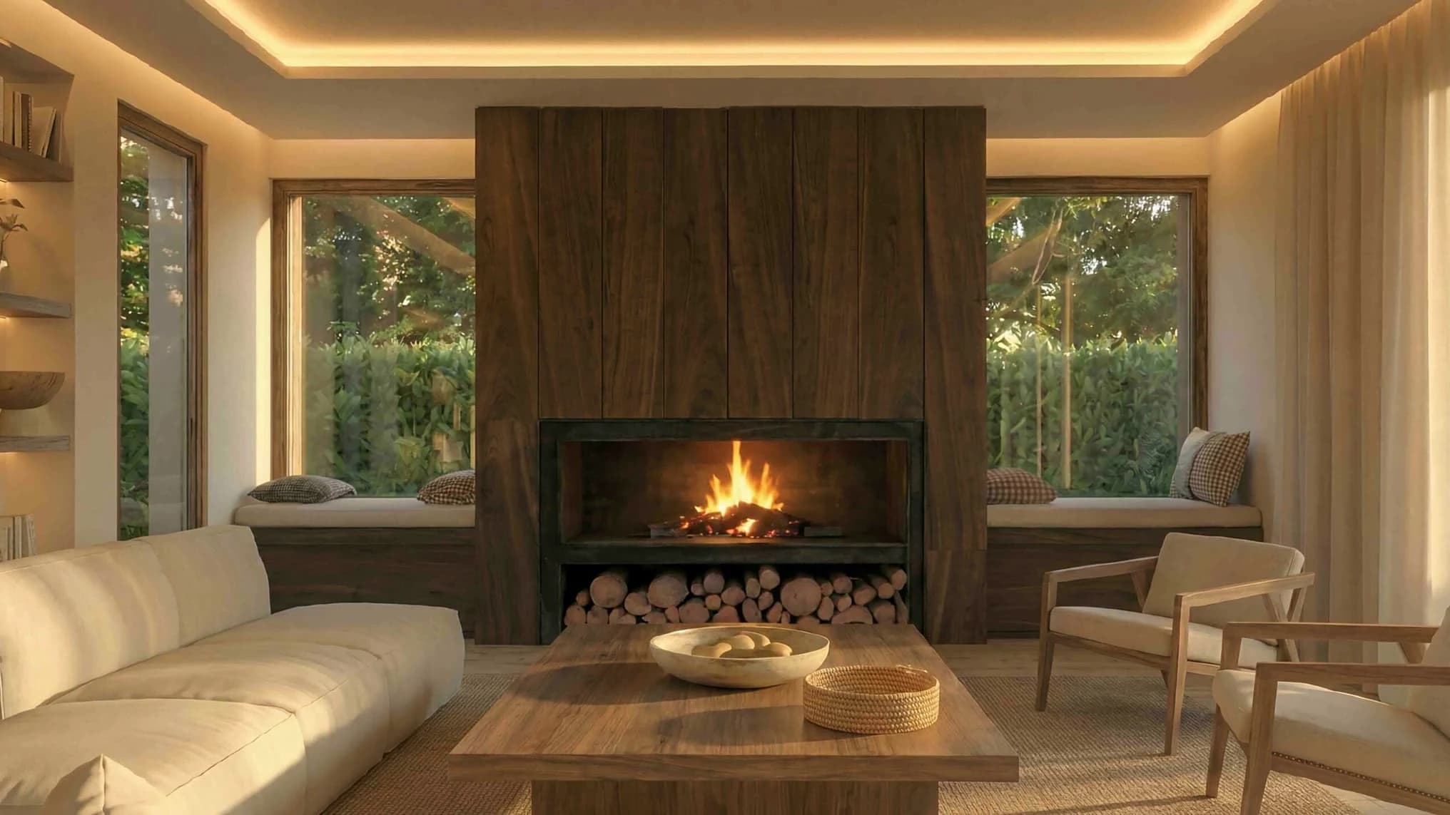 Sala con chimenea de piedra, paneles de madera y asientos junto a la ventana